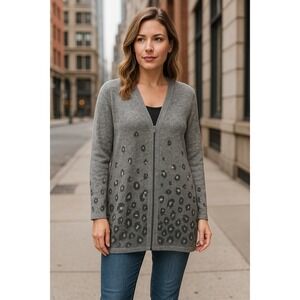 Chico's 2 (Large) Gray Leopard Ombre Zip Front Cardigan Sweater Longline Sparkle